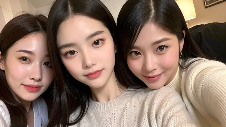 ((Highest quality))、((Super detailed))、(RAW Photos:1.2)、(High-resolution detailed face and eyes:1.4)、(Breasts tightly pressed against clothes)、(Selfie)、(((three women cuddling)))、20-year-old、Bedroom、Ultra-luxury hotel、Beautiful body lines、smile、Baby Face、Idol Pose、Japanese Supermodel、1 photo、A revealing sweater
