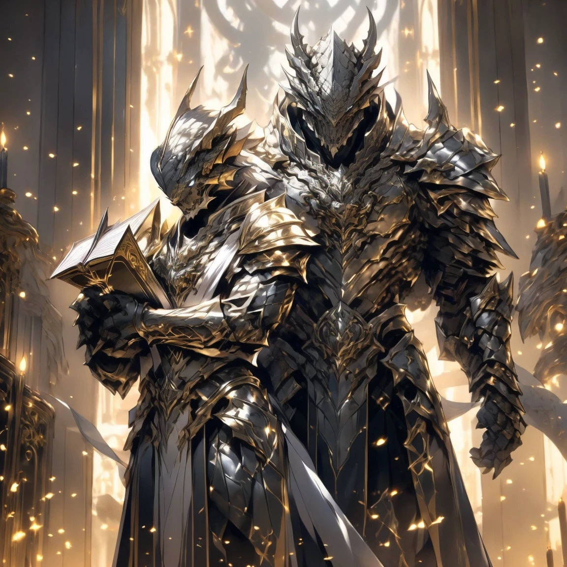 (silver dragonborn, male, golden horns, solo portrait, stoic pose, holding a book, black scales, scales, reptilian face, blue eyes) tail, buff, black and silver armor, black and silver chest armor, black and silver gauntlets, black and silver pauldrons, dark blue cloak, dark blue robes, inside, close-up, standing inside, good lighting, candles in back ground, in temple ((masterpiece, best quality)), art by greg rutkowski, 1 male, full body
