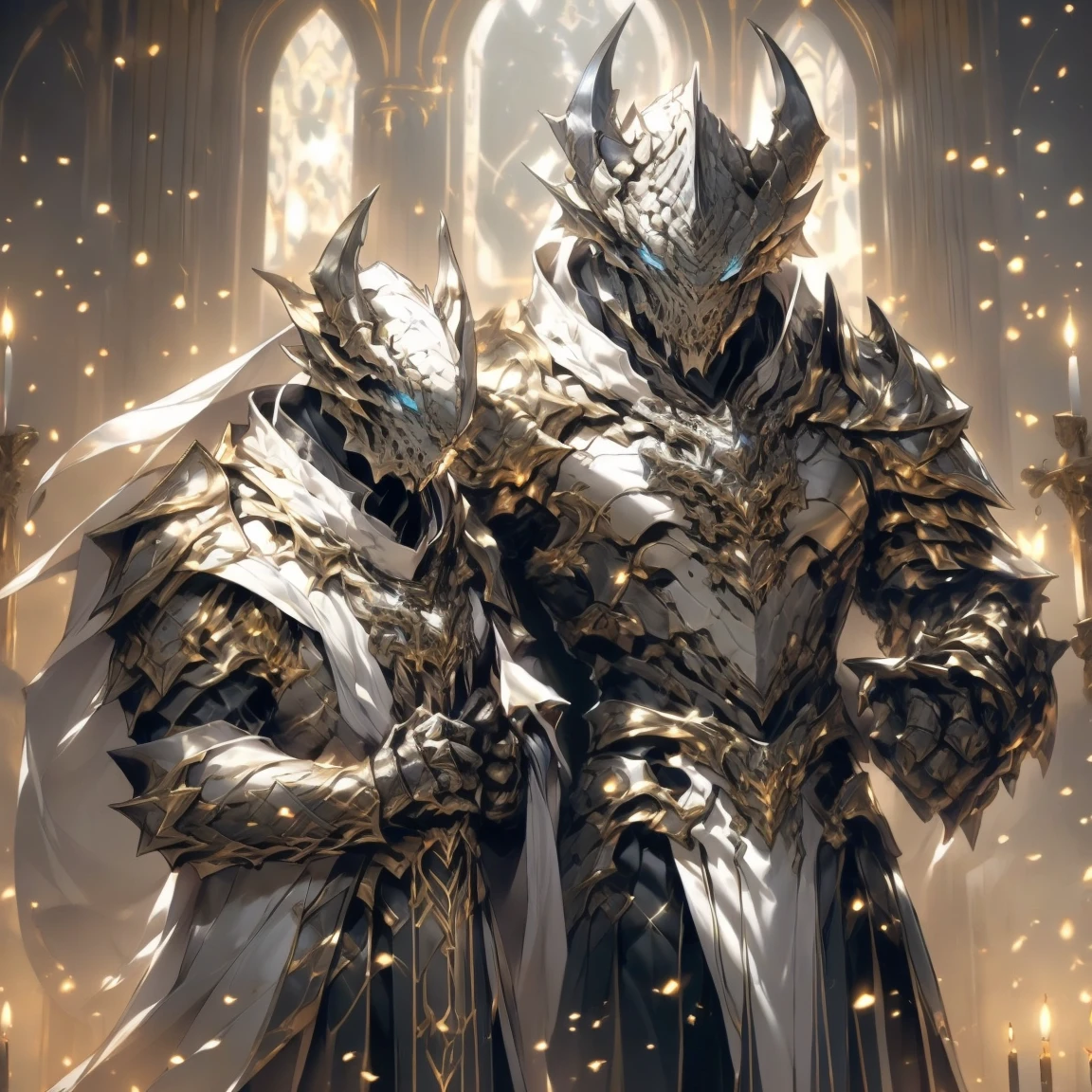 (silver dragonborn, male, golden horns, solo portrait, stoic pose, holding a book, black scales, scales, reptilian face, blue eyes) tail, buff, black and silver armor, black and silver chest armor, black and silver gauntlets, black and silver pauldrons, dark blue cloak, dark blue robes, inside, close-up, standing inside, good lighting, candles in back ground, in temple ((masterpiece, best quality)), art by greg rutkowski, 1 male, full body