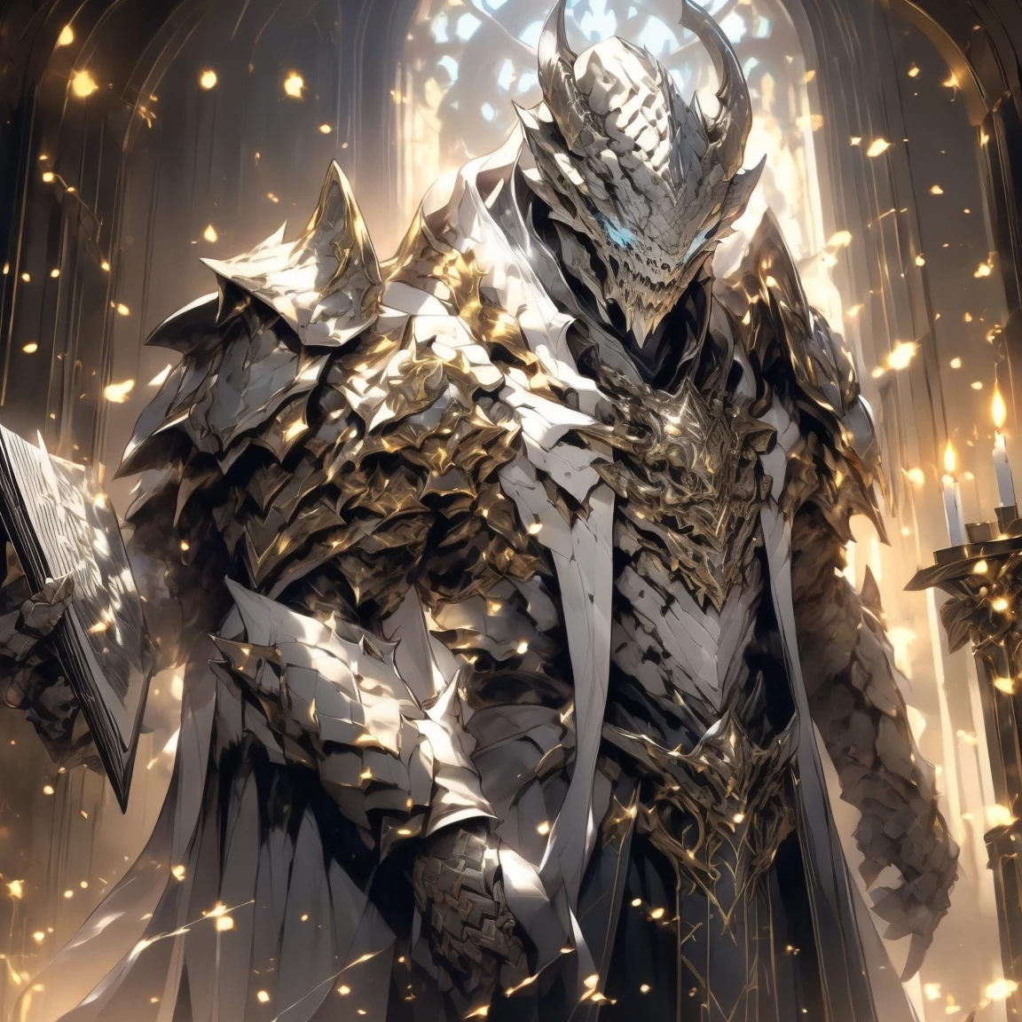 (silver dragonborn, male, golden horns, solo portrait, stoic pose, holding a book, black scales, scales, reptilian face, blue eyes) tail, buff, black and silver armor, black and silver chest armor, black and silver gauntlets, black and silver pauldrons, dark blue cloak, dark blue robes, inside, close-up, standing inside, good lighting, candles in back ground, in temple ((masterpiece, best quality)), art by greg rutkowski, 1 male, full body