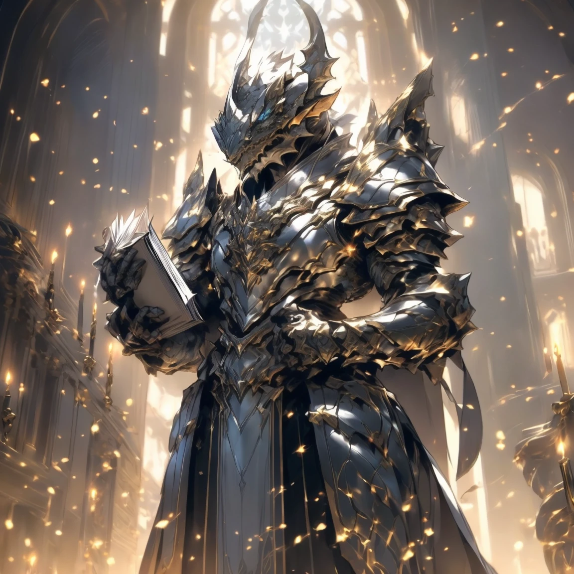 (silver dragonborn, male, golden horns, solo portrait, stoic pose, holding a book, black scales, scales, reptilian face, blue eyes) tail, buff, black and silver armor, black and silver chest armor, black and silver gauntlets, black and silver pauldrons, dark blue cloak, dark blue robes, inside, close-up, standing inside, good lighting, candles in back ground, in temple ((masterpiece, best quality)), art by greg rutkowski, 1 male, full body