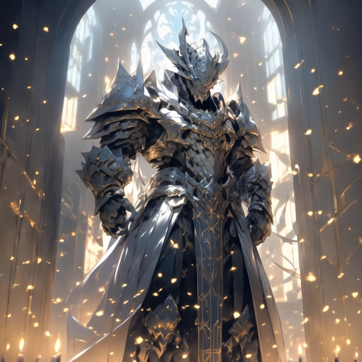 (silver dragonborn, male, golden horns, solo portrait, stoic pose, holding a book, black scales, scales, reptilian face, blue eyes) tail, buff, black and silver armor, black and silver chest armor, black and silver gauntlets, black and silver pauldrons, dark blue cloak, dark blue robes, inside, close-up, standing inside, good lighting, candles in back ground, in temple ((masterpiece, best quality)), art by greg rutkowski, 1 male, full body
