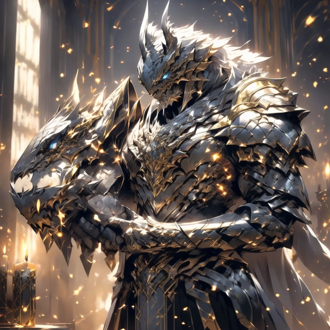 (silver dragonborn, male, golden horns, solo portrait, stoic pose, holding a book, black scales, scales, reptilian face, blue eyes) tail, buff, black and silver armor, black and silver chest armor, black and silver gauntlets, black and silver pauldrons, dark blue cloak, dark blue robes, inside, close-up, standing inside, good lighting, candles in back ground, in temple ((masterpiece, best quality)), art by greg rutkowski, 1 male, full body