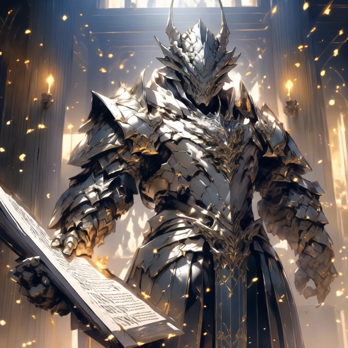 (silver dragonborn, male, golden horns, solo portrait, stoic pose, holding a book, black scales, scales, reptilian face, blue eyes) tail, buff, black and silver armor, black and silver chest armor, black and silver gauntlets, black and silver pauldrons, dark blue cloak, dark blue robes, inside, close-up, standing inside, good lighting, candles in back ground, in temple ((masterpiece, best quality)), art by greg rutkowski, 1 male, full body