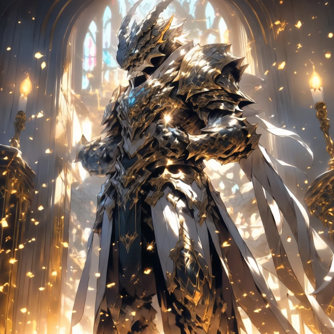 (silver dragonborn, male, golden horns, solo portrait, stoic pose, holding a book, black scales, scales, reptilian face, blue eyes) tail, buff, black and silver armor, black and silver chest armor, black and silver gauntlets, black and silver pauldrons, dark blue cloak, dark blue robes, inside, close-up, standing inside, good lighting, candles in back ground, in temple ((masterpiece, best quality)), art by greg rutkowski, 1 male, full body