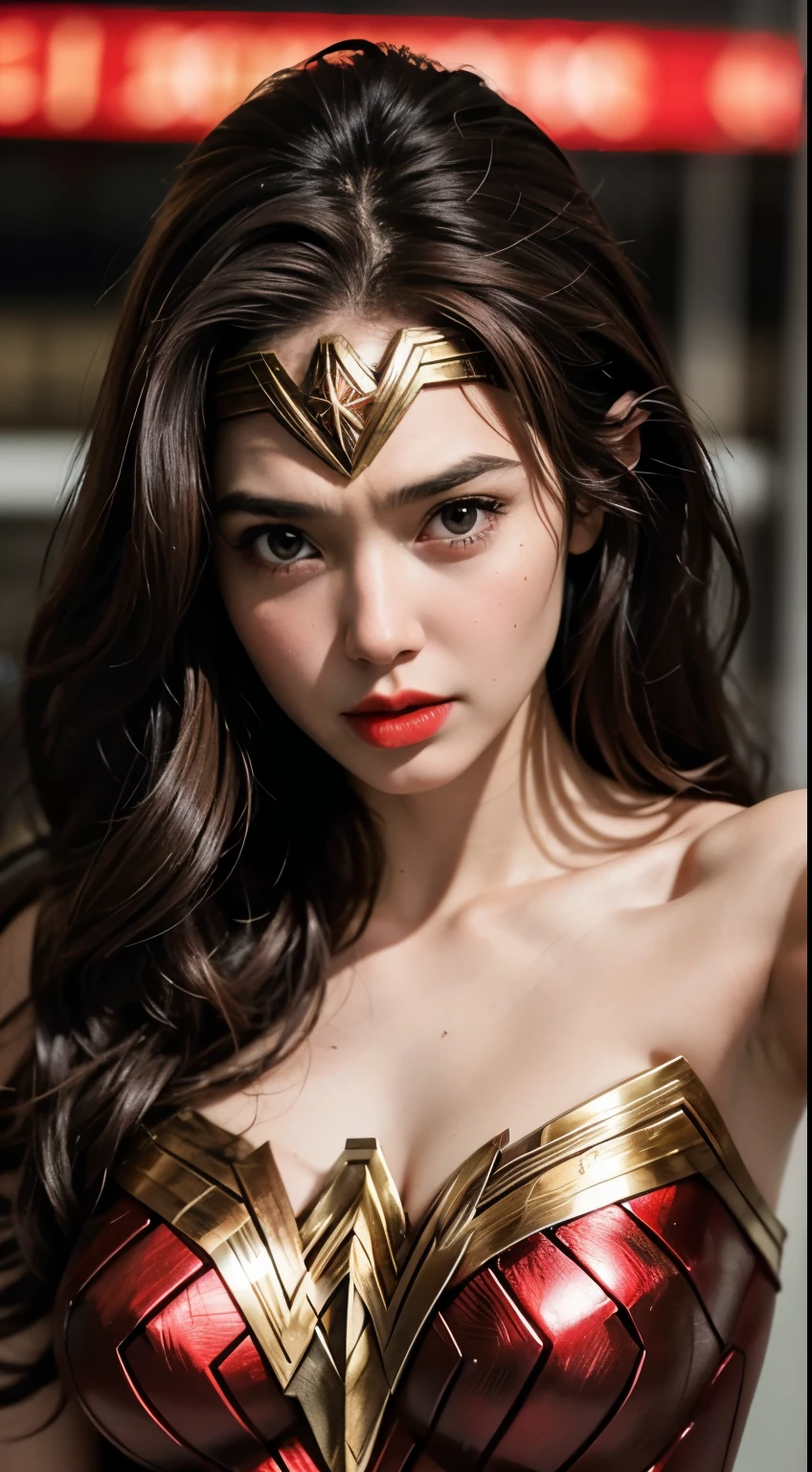 (Wearing Wonder Woman Costume), Very cute and baby-like face, Power puff girl, Naked, Angry pose, Angry face, (((BROWN HAIR MALAY GIRL))), masutepiece, High quality, UHD 45K, Realistic face, Realistic skin feeling , A Japanese Lady, 8 years old, , Very cute and baby-like face, (((BIG BREAST))), (MATRIX WORLD), ((look In front at the camera and SADNESS)), with Kamen Rider fashion, ((RED GOLD WONDER WOMAN COSTUME)), captured in ultra high resolution with photorealistic and beautiful lighting. This masterpiece is of the best quality and is set against a zentangle, (((CUTE GIRL))), ((RED LIPS)), ((NUDE)), ((CHUBBY)), ((WONDER WOMAN)). Malay girl wearing Red Gold Wonder Woman Costume in the Street City Building.