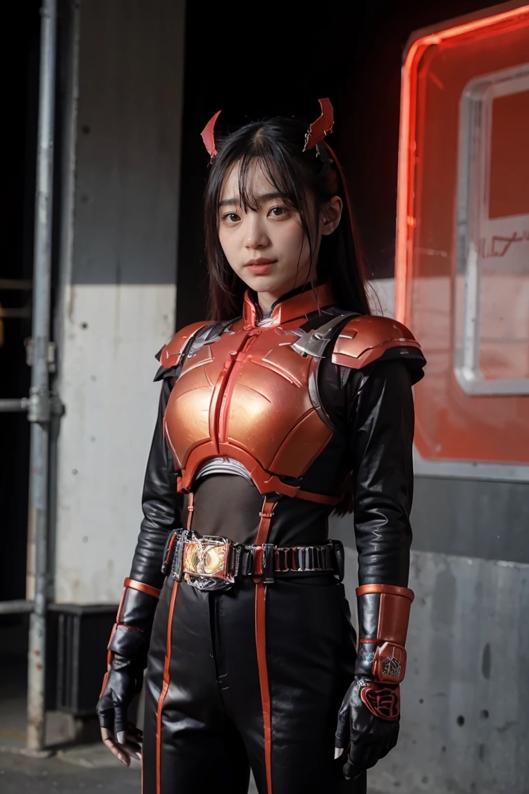 1girl, solo, 8K, Top,hentail realism、Front lighting,Kamen Rider Scarlet_Sun。Metallic body,Crimson shone with a silver glow、Wear a deformed belt、Burn with a righteous heart, She follows the minions of evil々Defeat。The fighting intensified、The last enemy appears。Special moves(Crimson crushed)、Kamen Rider illuminates the darkness。
