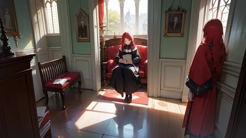 as i went to the room, i saw a 3 person, the first girl wear a simple magician chlotes, she hava red hair and reading a book. the second woman in that room is a priest, she wore a rob and had silver hair. the last person was a woman in corner on window. she had a blond hair and cleaning her silver sword