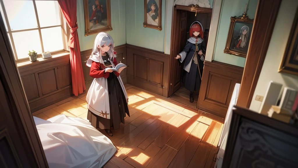 as i went to the room, i saw a 3 person, the first girl wear a simple magician chlotes, she hava red hair and reading a book. the second woman in that room is a priest, she wore a rob and had silver hair. the last person was a woman in corner on window. she had a blond hair and cleaning her silver sword