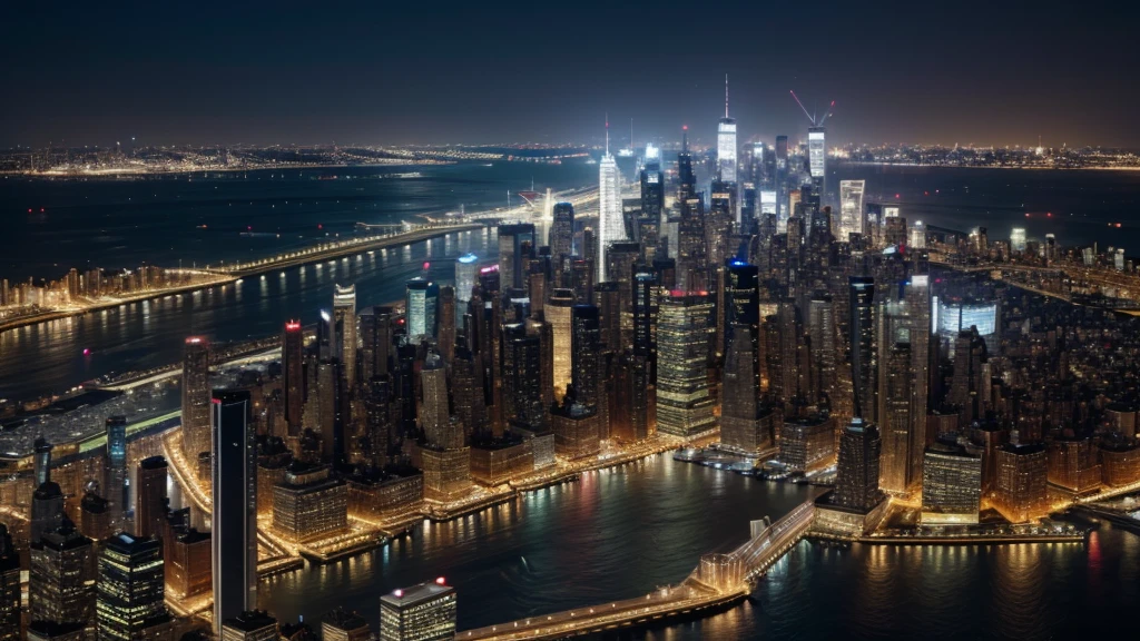Create a high-resolution image, realistic photo of skyline view of buildings in New York at night in panoramic style.