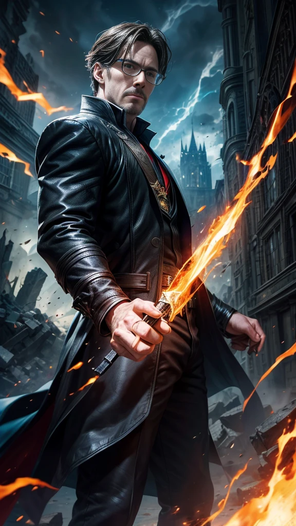 (masterpiece, Best image quality),One Man, A hero wearing a black leather suit, (Dynamic pose | Element Surround:1.2), Low angle view, Very detailed, Ruins of the battle, intense, Outdoor, Doctor Strange, wise, Wizard, Wear glasses