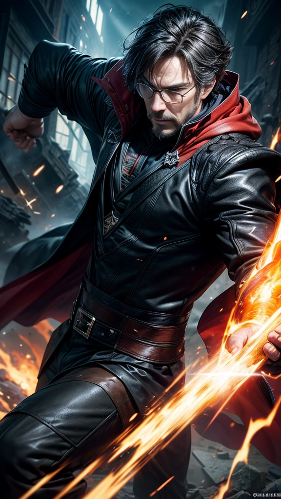 (masterpiece, Best image quality),One Man, A hero wearing a black leather suit, (Dynamic pose | Element Surround:1.2), Low angle view, Very detailed, Ruins of the battle, intense, Outdoor, Doctor Strange, wise, Wizard, Wear glasses