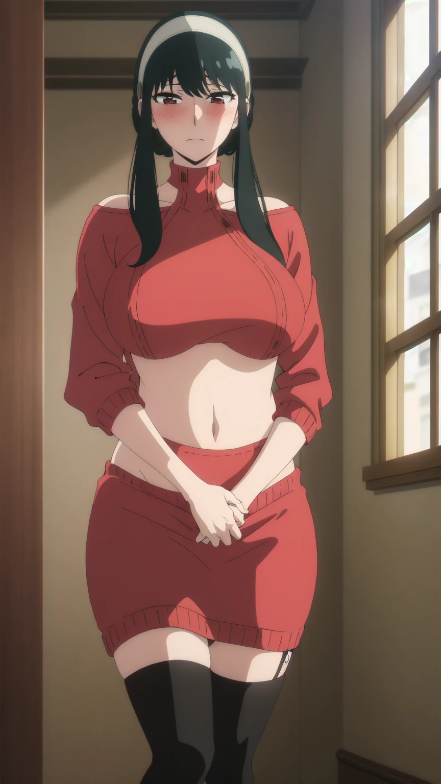 View your viewers,alone,
Yoforger,One girl,
Black Hair,Long hair short hair,
White hair band,
Off the shoulder,Red sweater,
Black Pantyhose,
boots,Torn clothes、NSFW、Big Boobs、Nipples、
city,Natural light,indoor,(Tucked up、 fully exposed、belly button、Nipples)、sad、blush、