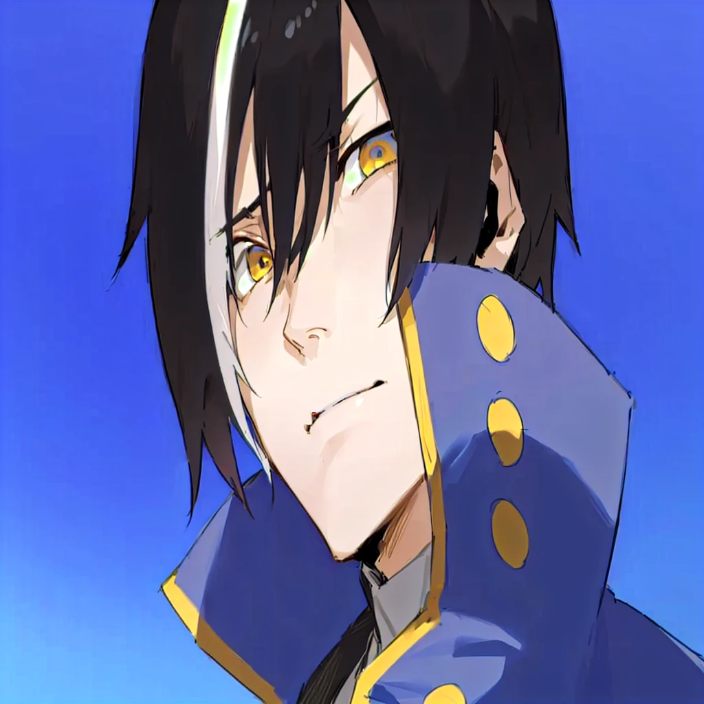 anime character with black hair and yellow eyes in blue outfit, inspired by Okumura Masanobu, okata kazuto, nobutaka ike, male anime character, roguish smirk, avatar image, highley detailled face, gurren lagan, masamune shiro, inspired by Okumura Togyu, black - haired mage