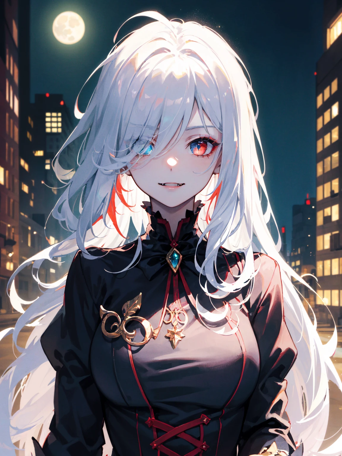 masterpiece, highest quality, (solo focus), (perfect face:1.1), (high detail:1.1),dramatic, 1girl, (pale skin), long white hair, white eyes, solo, long hair, moon, night, white luxury suit, vampire, fangs, smile, upper body, pouty lips, covered, victorian city, detailed background, gothic renaissance, cinematic lighting, detailed iris, sparkle eyes, star in eyes, enchanting red eyes, (multicolored eyes), (shining dust), (heterochromia), (messy hair:1.3), (hair between eyes), (hair over one eye), (wavy hair:1.1)