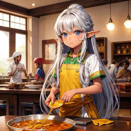 Making curry at a curry restaurant　A brown-skinned elf with long silver hair　