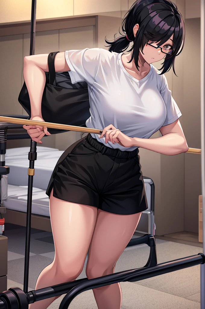 ((blush, round face, eyes with realistic sizing, drooping eyes, blush, sweat, shame smile, thin lips, spread legs, black shirt, panties)), (((standing to hit her crotch the vacuum cleaner))), open mouth, floor, ceiling, shelf, TV,