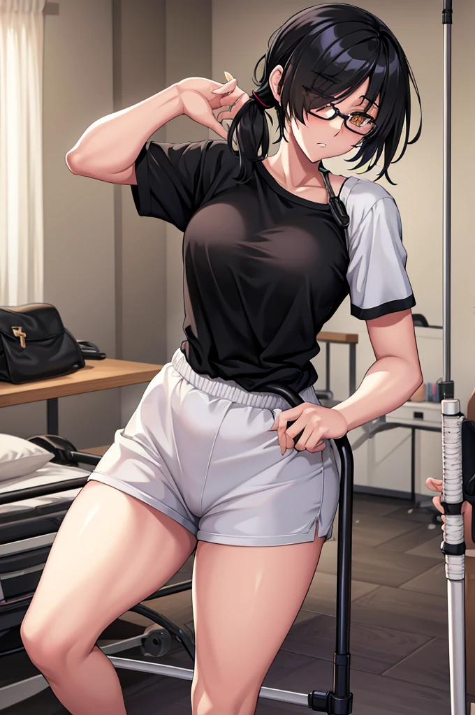 woman, hair over one eye, golden eyes, Tomboy, standing, black sweatshorts, white shirt, looking at viewer, black short hair with a ponytail, bedroom, round glasses, bags under eyes, tired, solo, using a crutch, disabled