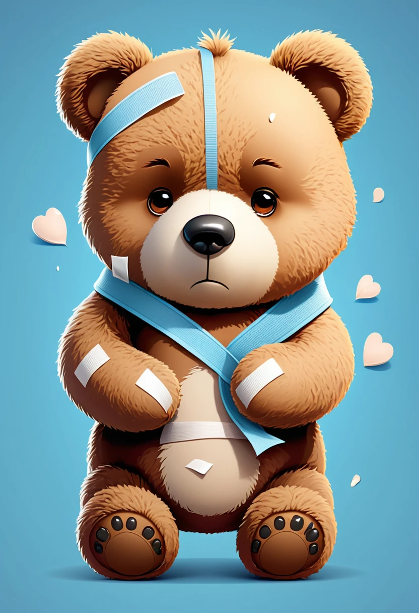 Cartoon style, teddy bear with bandages on its arms and back, sad expression on its face, small tears in its eyes.