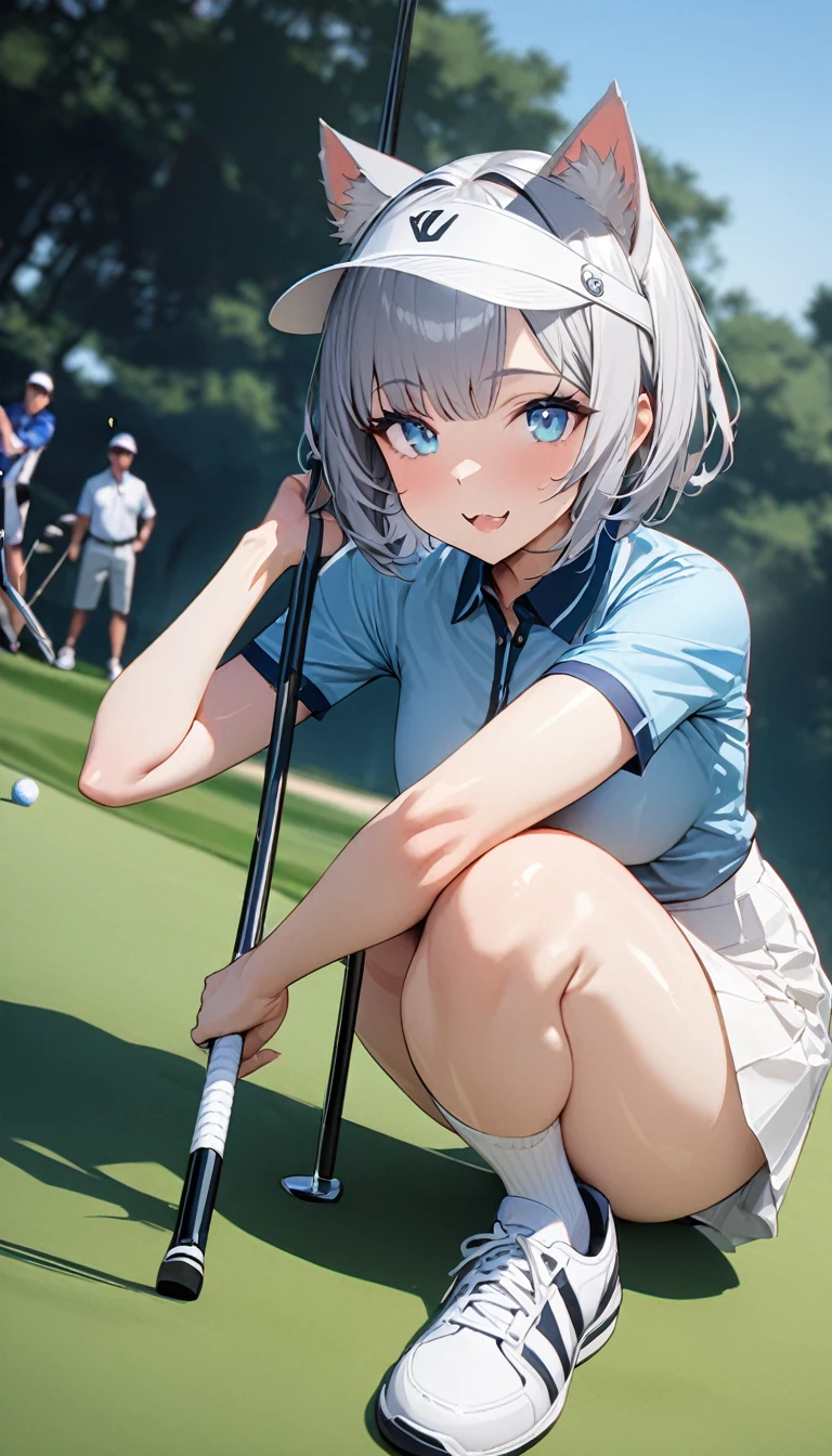 1girl、(((best quality)), ((masterpiece)), (details), masterpiece, best quality, high quality, ulutra detailed, perfect face, ((1girl, Blue eyes, cat ears: 1.3 silver bob hair: 2.5,))、Shiny Hair、Glowing Skin、Happy face、Lustful look、Body lines、blue sky、Golf course、Golf club、Swing、Sun visor、Golf Wear、Golf Wearスカート、socks、Golf shoes