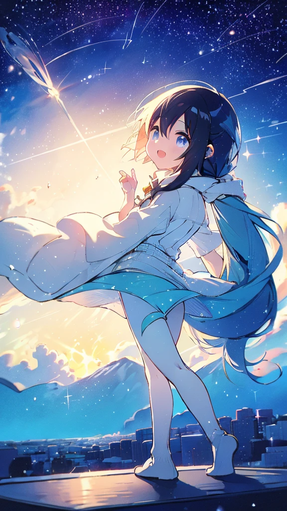 Fuji Mountain,Walking down the street,Girl,Black Hair,milky way,Twinkling Stars々,Beautiful sky,splash,Long Hair,Long legs,Blue Background,Ocean,Clear eyes and nose,cute,beautiful,Dazzling sky,blue sky,morning,sunset