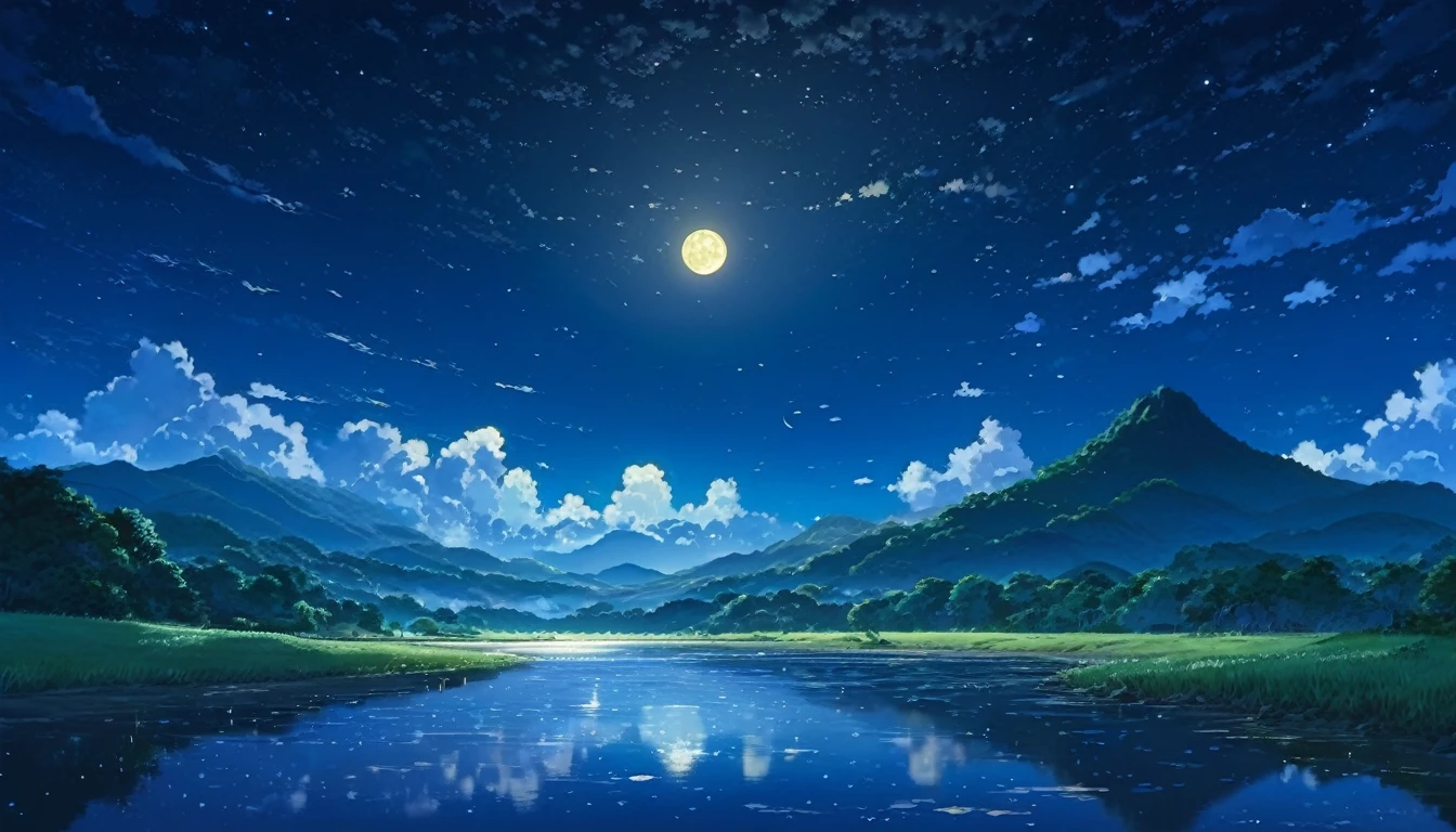 River Painting, Stars and Moon in the Sky, Bright colors, by makoto shinkai. Concept art inspired by Tosa Mitsuoki, pixiv Contest Winner, Highest quality, Fantasy art, Beautiful anime scene, Golden Moon, No humans, Starry Sky, scenery, cloud, Shine, the scenery of night landscapes, Mountain, Rivers. Bright Moon, Starry Sky environment under the moonlight, Dream Painting, Anime Background art, Fantasy Landscape Painting, A dreamlike night, Anime Background, Background artwork, Dreamy Art, Atmospheric anime, Starry Sky, Detail enhancement.High resolution,reality,Emotional,8k,high resolution,Clearly