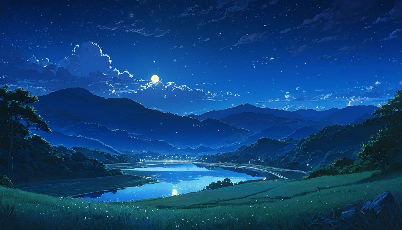 River Painting, Stars and Moon in the Sky, Bright colors, by makoto shinkai. Concept art inspired by Tosa Mitsuoki, pixiv Contest Winner, Highest quality, Fantasy art, Beautiful anime scene, Golden Moon, No humans, Starry Sky, scenery, cloud, Shine, the scenery of night landscapes, Mountain, Rivers. Bright Moon, Starry Sky environment under the moonlight, Dream Painting, Anime Background art, Fantasy Landscape Painting, A dreamlike night, Anime Background, Background artwork, Dreamy Art, Atmospheric anime, Starry Sky, Detail enhancement.High resolution,reality,Emotional,8k,high resolution,Clearly