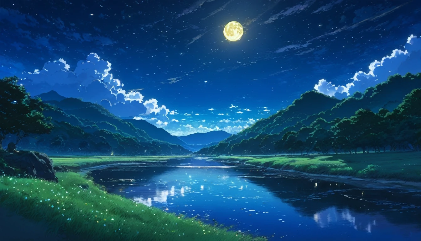 River Painting, Stars and Moon in the Sky, Bright colors, by makoto shinkai. Concept art inspired by Tosa Mitsuoki, pixiv Contest Winner, Highest quality, Fantasy art, Beautiful anime scene, Golden Moon, No humans, Starry Sky, scenery, cloud, Shine, the scenery of night landscapes, Mountain, Rivers. Bright Moon, Starry Sky environment under the moonlight, Dream Painting, Anime Background art, Fantasy Landscape Painting, A dreamlike night, Anime Background, Background artwork, Dreamy Art, Atmospheric anime, Starry Sky, Detail enhancement.High resolution,reality,Emotional,8k,high resolution,Clearly