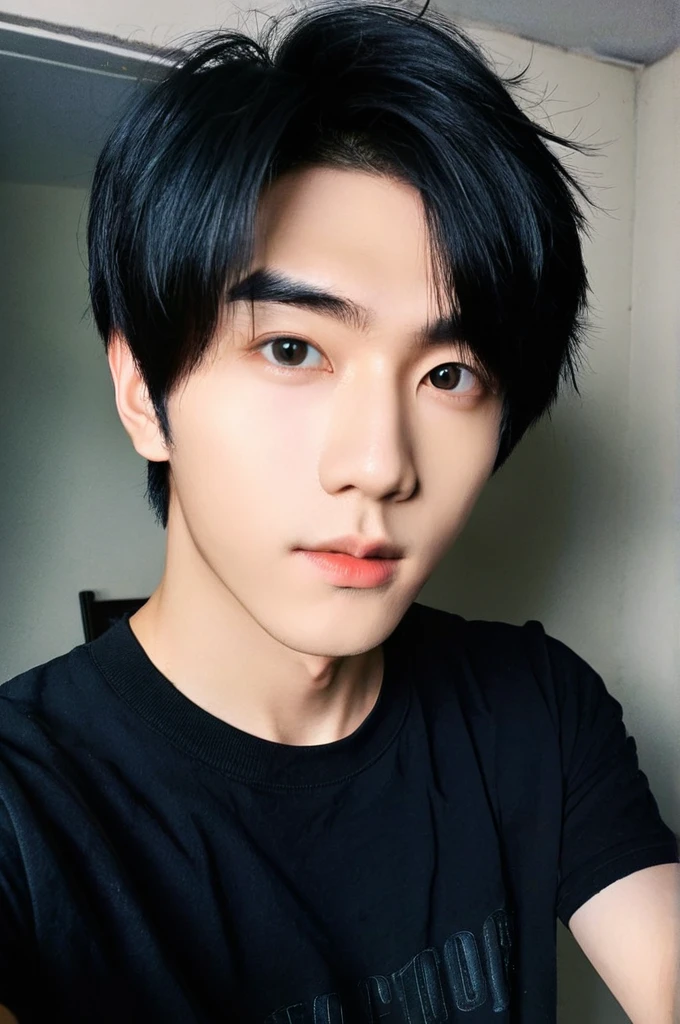 One boy, Young man with black hair ((Mash straight hair)),Male idol style, Medium size portrait, Oval Face, vivid,In a dark room Taking a selfie with your smartphone,(In a dark room)