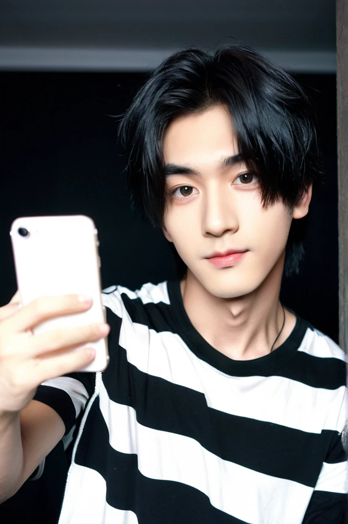 One boy, Young man with black hair  ((Mash straight hair)),Male idol style, Medium size portrait, Oval Face, vivid,In a dark room Taking a selfie with your smartphone,(In a dark room)