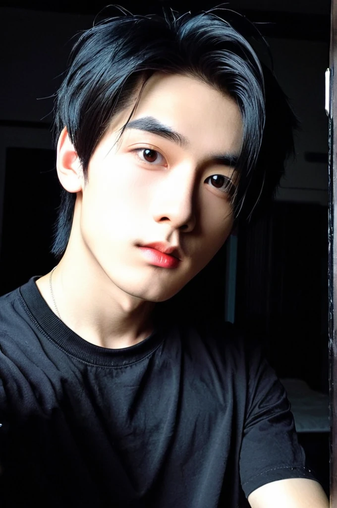 One boy, Young man with black hair ((Mash straight hair)),Male idol style, Medium size portrait, Oval Face, vivid,In a dark room Taking a selfie with your smartphone,(In a dark room)