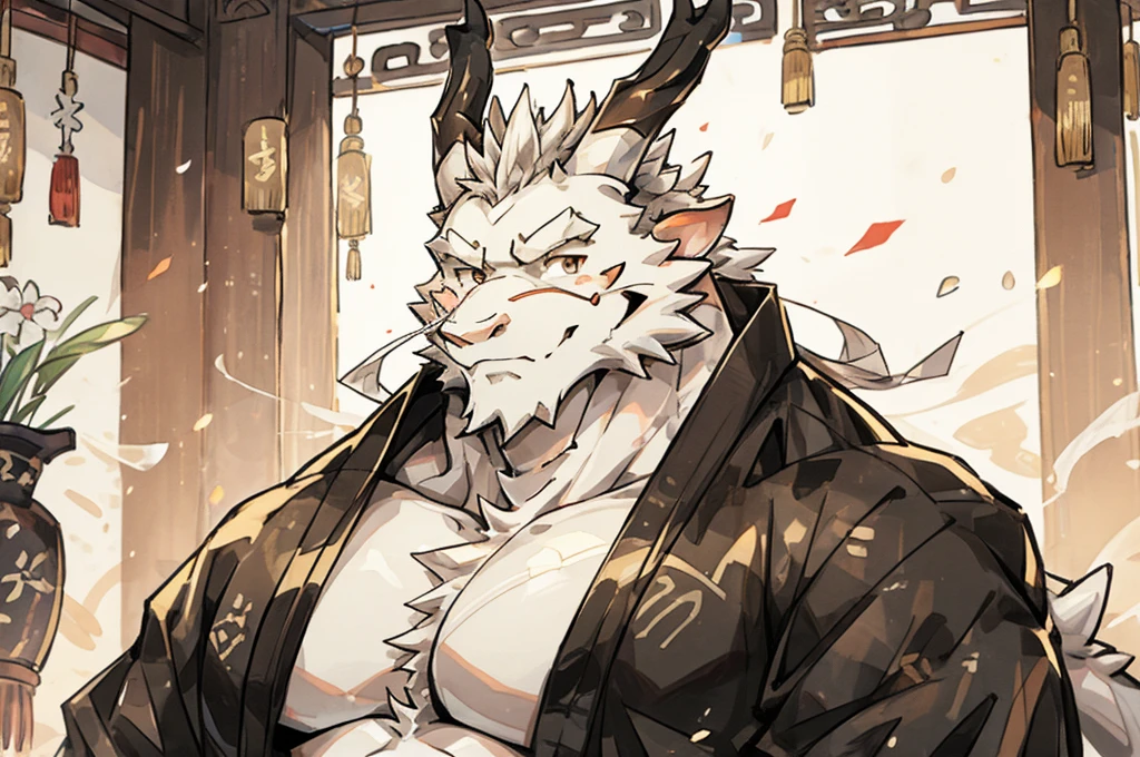 (white eastern dragon),furry,white mustache,big pecs,hearty males,muscular,black imperial robe,naked,adult,traditional_chinese_room,head portrait,hypnosis