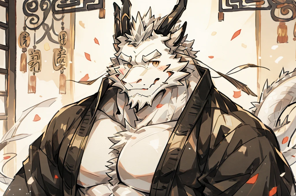 (white eastern dragon),furry,white mustache,big pecs,hearty males,muscular,black imperial robe,naked,adult,traditional_chinese_room,head portrait,hypnosis