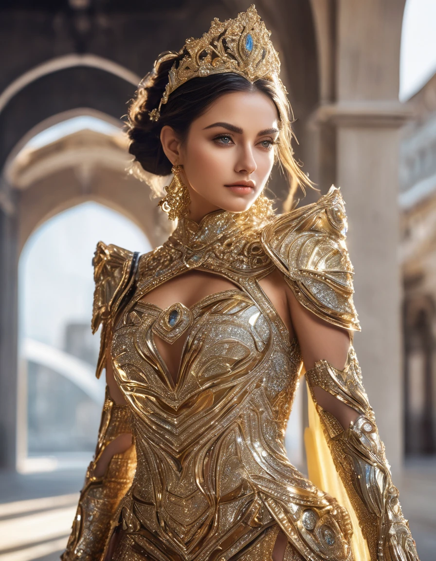 A breathtaking woman, adorned in golden sexy dress,crafted from glass and embellished with an array of tiny diamonds and crystals, each refracting light in a dazzling spectacle. The armor features intricate silver stripes running down the back, showcasing her regal posture. With long, brown hair, she poses with soft smile for a series of photographs, her intense gaze locked onto the viewer. The background, a pristine expanse of fair light, serves as a stark contrast, accentuating her million-follower status, embodying the essence of an Instagram profile.
