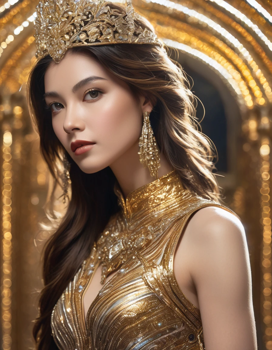 A breathtaking woman, adorned in golden sexy dress,crafted from glass and embellished with an array of tiny diamonds and crystals, each refracting light in a dazzling spectacle. The armor features intricate silver stripes running down the back, showcasing her regal posture. With long, brown hair, she poses with soft smile for a series of photographs, her intense gaze locked onto the viewer. The background, a pristine expanse of fair light, serves as a stark contrast, accentuating her million-follower status, embodying the essence of an Instagram profile.
