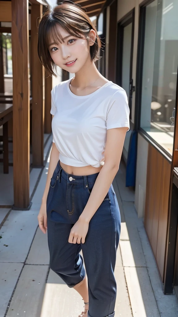 One girl, short sleeve t-shirt, wide pants, short hair, 20-year-old Japanese, beautiful, cute face, pretty face, neat, smiling, 8-head body, height 165cm, weight 48kg, bust 83cm, waist 60cm, hips 82cm, Small breathts, Living in Hiroshima City, A college student aspiring to become a model, (((full body))), full face