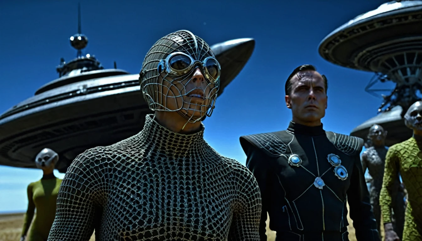 in (medium close-up:3.1) of various characters with a starship in the background from a film for slaves from beyond infinity, futuristic apocalypse, detailed, moody, epic, altered reality, insane, disgusting, disturbing, impactful, inspired by Clyde Caldwell and Ed Emshwiller, stalenhag, (with Creepy, Sci- Fi, Fantasy and Horror: 2.9) retro sci-fi, horror film, detailed body, Kodak Vision3, (intricate details: 2.4), ( hyperdetail: 3.1), (8k resolution: 3.1), (high detail: 4.1), lots of details, high quality, soft light (cinematic: 3.3), masterpiece, dramatic atmosphere, atmospheric perspective, (impactful art: 2.8), rich colors, 3D rendering