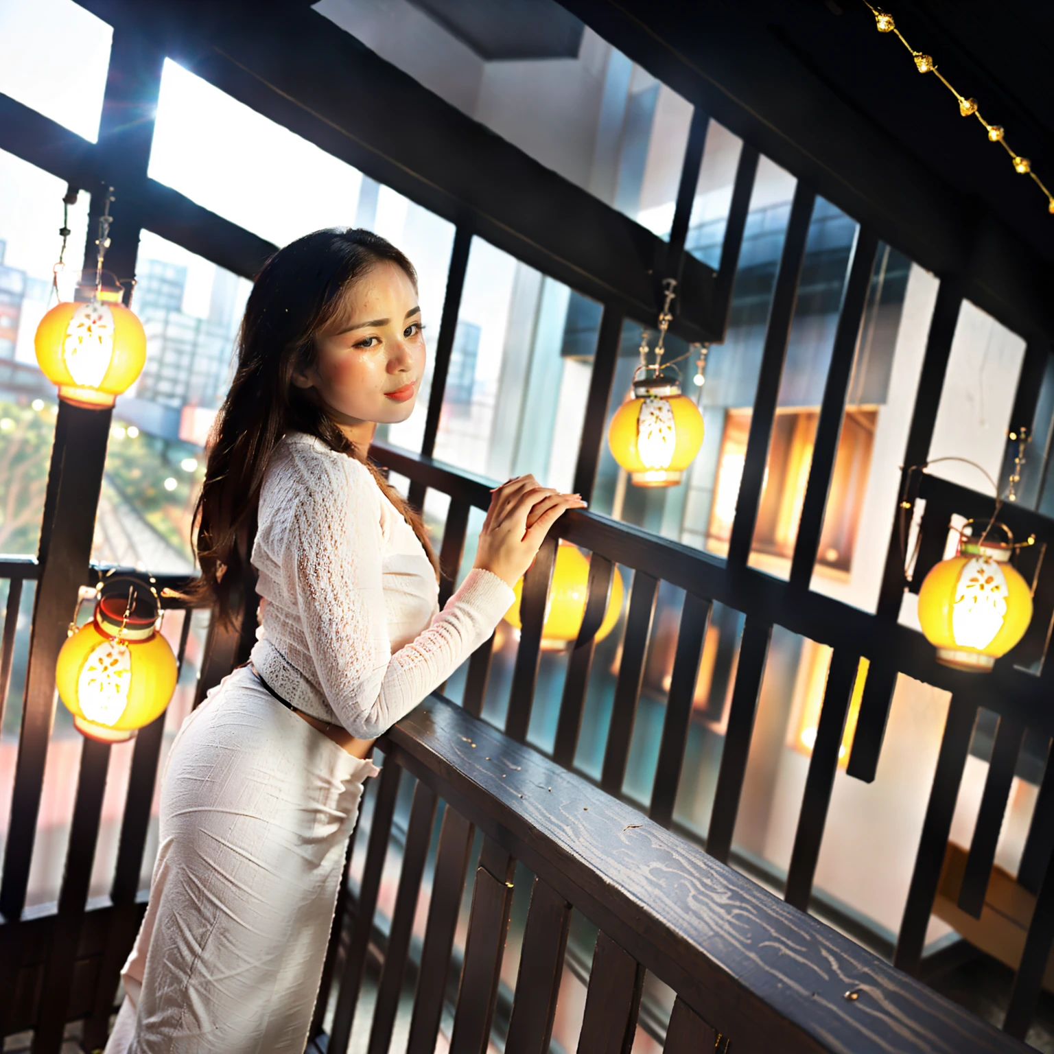 Burmese beautiful woman, 1 girl, solo, pretty lady MoonLay, innocent cute smile, cute and pretty face, red lips, (stylishly standing and leaning against the balcony wall:1.5), (seductively gazing up to the sky:1.5), (night:1.5), smooth face skin, traditional beauty, cinematic portrait glow lighting, acmm ss outfit, wearing acmm top, (white shirt:1.3), long sleeves, wearing acmm long skirt, (red long skirt:1.3), stiletto high heel, (full body portrait side view:2), (two story building rooftop balcony with vibrant colorful hanging lanterns with small townscape background:1.5), (cinematic bokeh blur background:1.5), cinematic lighting, perfect anatomy,