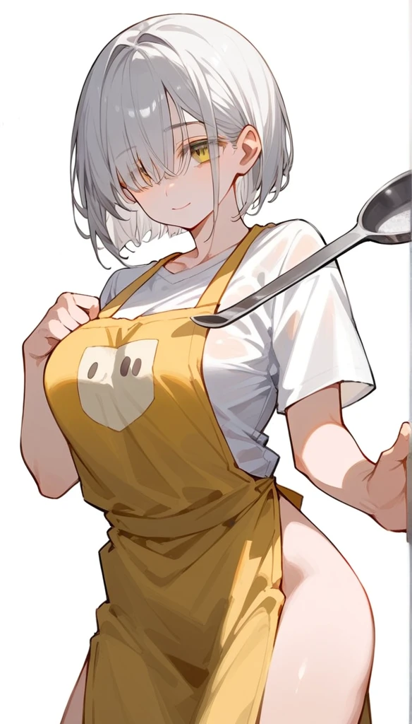 a beautiful girl with hair cut white hair, grey hair accents, and kawaii features, with visible eyes partially covered by bangs, large breasts, yellow slanted eyes, long bangs covering one eyes, (wearing a plain loose t-shirt, no trousers) wearing a brown apron, posing with a soft smile (Pose with both one hands on the thighs) white background with the right eye visible Beautiful perfect eyes Eye color yellow But the apron is a little loose (Pose right hand holding a pan, left hand under the thigh
