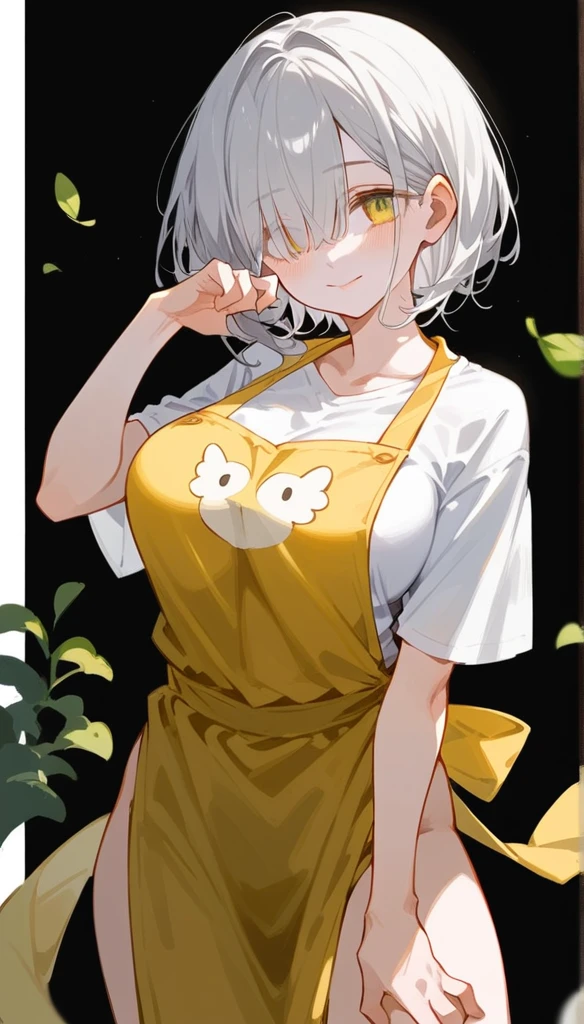 a beautiful girl with long white hair, grey hair accents, and kawaii features, with visible eyes partially covered by bangs, large breasts, yellow slanted eyes, long bangs covering one eyes, (wearing a plain loose t-shirt, no trousers) wearing a brown apron, posing with a soft smile (Pose with both one hands on the thighs) The left hand tray contains a bowl of soupagainst a white background with the right eye visible Beautiful perfect eyes Eye color yellow But the apron is a little loose (Pose right hand holding a pan, left hand under the thigh