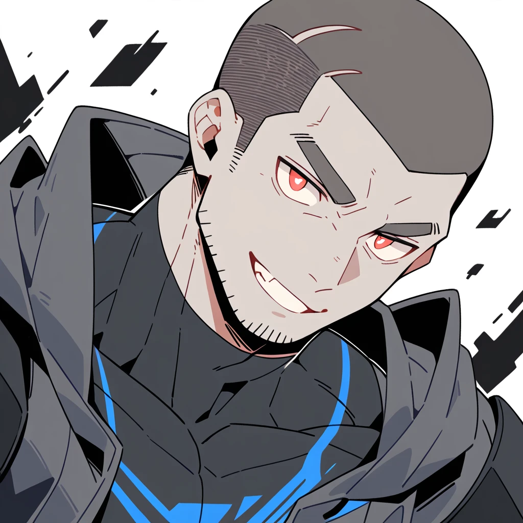 anime characters:Priapus, Dark Grey Skin Muscle Sports Student, Buzz Cut, Manliness, male focus, Sports tight hooded sweatshirt, Under Armour Brand, Wear a high-necked tights underneath, Very tight, full and perky chest muscles, muscular male, muscular, only, Upper body, alone, Red short hair, Thick eyebrows, stubble, Brown-red pupils, White background, simple background, amazing quality, best aesthetics, Ridiculous, crew cut, smirk, bright pupils, grin, negative space, negative space, best quality