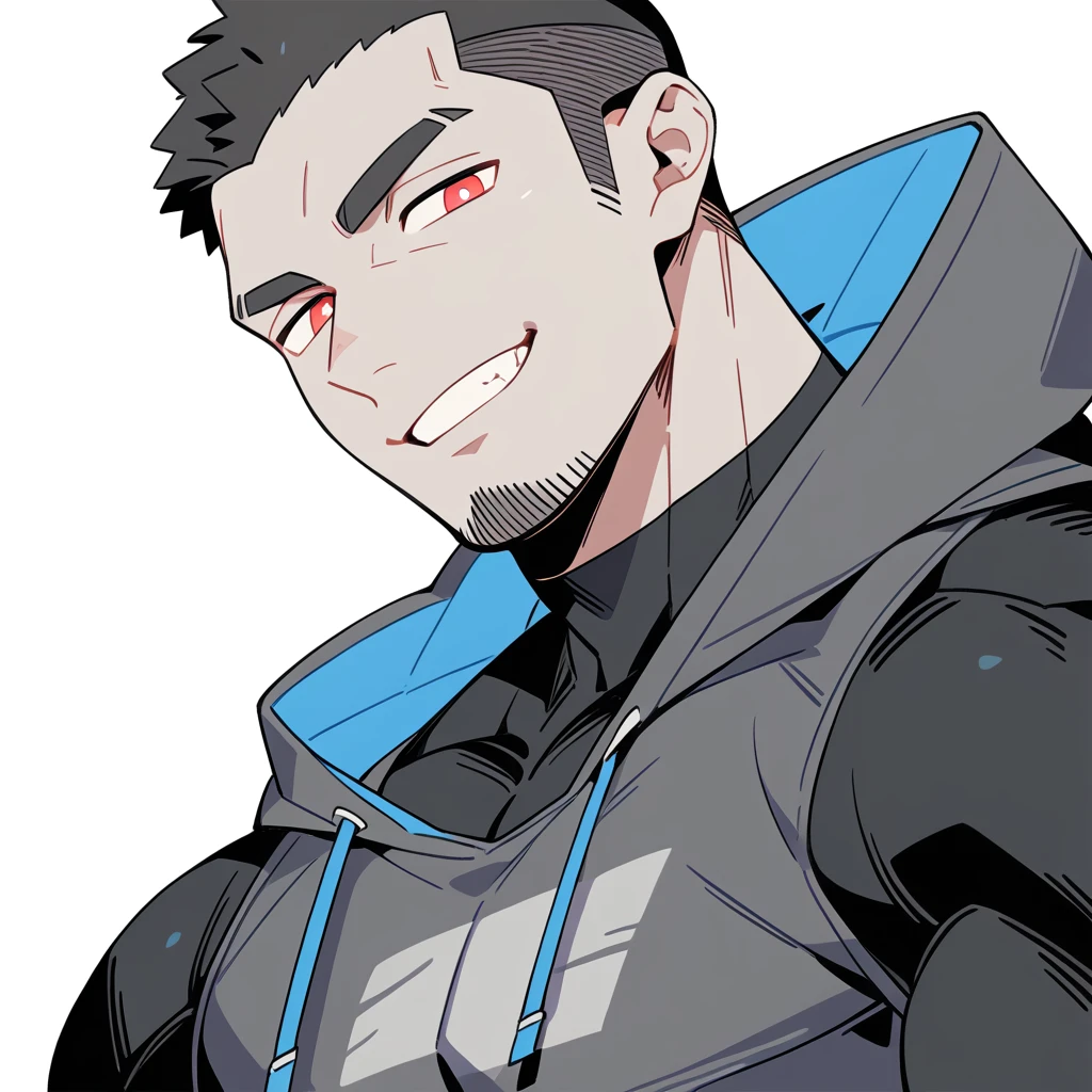 anime characters:Priapus, Dark Grey Skin Muscle Sports Student, Buzz Cut, Manliness, male focus, Sports tight hooded sweatshirt, Under Armour Brand, Wear a high-necked tights underneath, Very tight, full and perky chest muscles, muscular male, muscular, only, Upper body, alone, Red short hair, Thick eyebrows, stubble, Brown-red pupils, White background, simple background, amazing quality, best aesthetics, Ridiculous, crew cut, smirk, bright pupils, grin, negative space, negative space, best quality