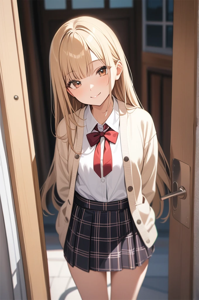 cute 1girl, blonde hair, (straight hair), bangs on one side, head tilt, (waist), light brown cardigan, plaid skirt, red bowtie, arms behind back, looking at viewer, happy smile, entrance, outdoor, from above, teenage, (depth of field), masterpiece, best quality