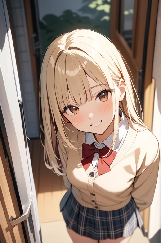 cute 1girl, blonde hair, (straight hair), bangs on one side, head tilt, (waist), light brown cardigan, plaid skirt, red bowtie, arms behind back, looking at viewer, happy smile, entrance, outdoor, from above, age, (depth of field), masterpiece, best quality