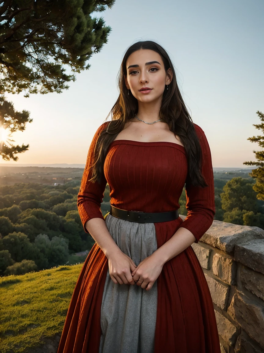 Gorgeous and sultry busty athletic (thin) brunette queen with sharp facial features wearing a modest updo, dark red medieval dress, long sleeves, intricate patterns, scrollwork, wide neck, crown, veil, long dress, modest dress, tight bodice, silver belt, (waist chain), medieval jewelry, Middle Ages, castle, rampart, wall, exterior, on top of a castle wall, trees, countryside, evening, sunset.