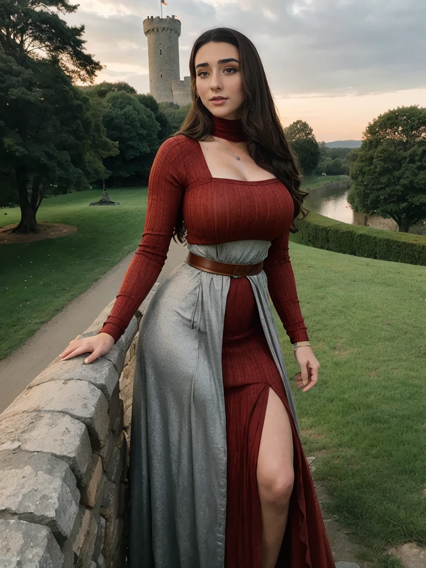 Gorgeous and sultry busty athletic (thin) brunette queen with sharp facial features wearing a modest updo, dark red medieval dress, long sleeves, intricate patterns, scrollwork, wide neck, crown, veil, long dress, modest dress, tight bodice, silver belt, (waist chain), medieval jewelry, Middle Ages, castle, rampart, wall, exterior, on top of a castle wall, trees, countryside, evening, sunset. large breasts.