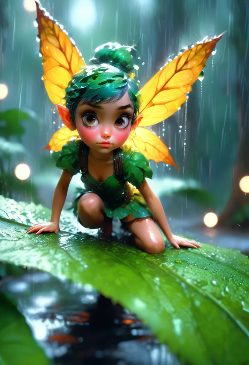 a pixie girl on a leaf in the rain the forest and the world of adventure, photo realism, 8k resolution, garden, trending on artstation, 4k, intricate details, highly detailed, pencil drawing, sketching, unreal engine, greg rutkowski, loish, rhads, beeple, makoto shinkai and lois van baarle, ilya kuvshinov, rossdraws, tom bagshaw, alphonse mucha, oil painting, heavy strokes, paint dripping, oil painting, heavy strokes, paint dripping
