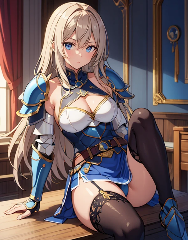 Movie Scenes, Fantasy art, Best image quality, Surreal Portraits,(8k),Ultra-realistic,最high quality ,high quality, High resolution, high qualityの質感,Attention to detail, beautiful, detailed, Extremely detailed CG,detailedなテクスチャ,Realistic facial expressions, masterpiece, in front,dynamic,bold,1 girl, One woman, Age 25, Light brown hair, Long Hair, Up Bang Hair, Floating Hair, Highly detailed skin,curve,,beautiful胸,Mid-chest),{最high quality}, {とてもbeautiful}, {Super detailed}, {最高のAn illustration}, masterpiece,{{{{{Skirt Lift:1.5}}}}},{{{{{Showing off her blue panties:1.9}}}}},garter belt:1.2,((Holy Knight)), Smooth breastplate, ((Platinum Armor))、((((Extremely detailed and intricately decorated armor:1.1)))),Red Cowboy Shot,smooth udder、big 、(Golden Ratio,Tabletop, 最high quality, 最high quality, Official Art, beautifully、beautiful:1.2), Very detailed, colorful,最高のdetailed,An illustration, Great scene, Asheria Costume:1.5, Asheria Costume:1.5, mini skirt,Knee socks, Thighs, gem, Blue Belt,Belt number 1),Course of action, A look of contempt ,From below,Sitting:1.9,Spread your legs:1.9, Lift your legs:1.8,