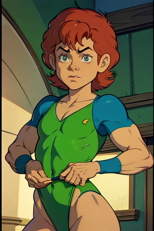 a redhead cartoon character dressed in a green leotard, very muscular, a young male wizard, 1980s cartoon, animated episode still, Presto (((mad)))