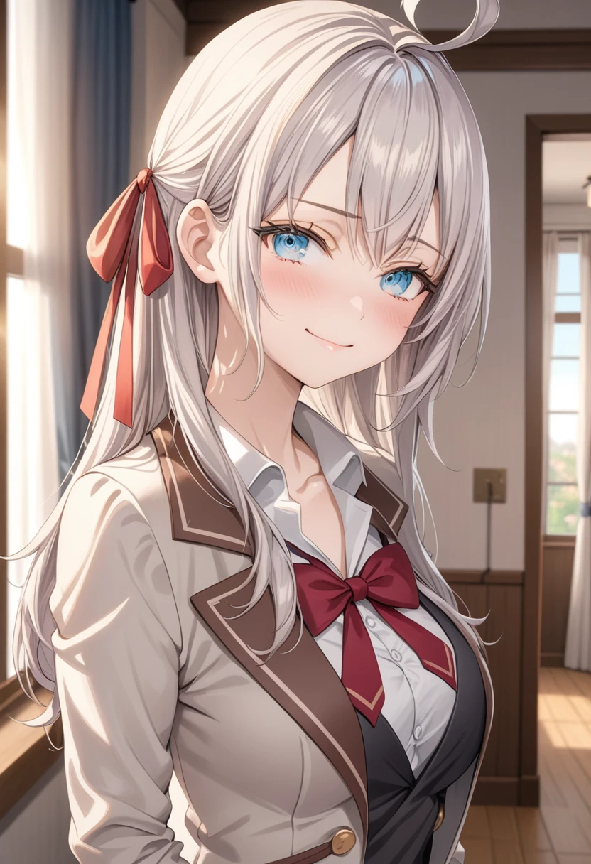 ultra-detailed, 8k, Beautiful Face, One girl,  Alisa Mikhailovna Kujo,Tomorrow, my friend, Arya-san, will be visiting Russia.,alone, ((Anime style background)),masterpiece, Highest quality, AI-generated, Complex,High resolution, Highest quality, super high quality,3D Images、3D Images, (Brighten your face), so beautiful,Latest, Complex details, Long Hair, Eyebrows visible through hair, Hair between the eyes, Silver Hair, Hair Ribbon, blue eyes, (Colorful eyes), (Shining Eyes), Medium chest, ,Long sleeve, Jacket,
View your viewers, Upper Body, Dutch Angle,Mouth closed, Close one eye, A light smile,
Highest quality, so beautiful, Absurd,